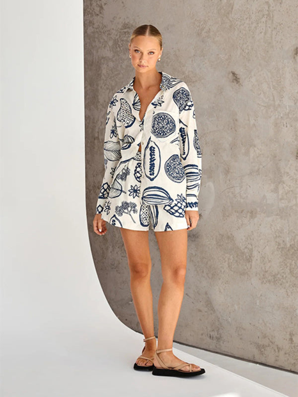 Women's New Casual Premium Fruit Print Shorts and shirt Set