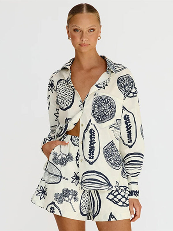 Women's New Casual Premium Fruit Print Shorts and shirt Set