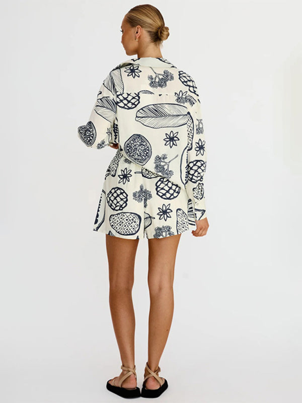 Women's New Casual Premium Fruit Print Shorts and shirt Set