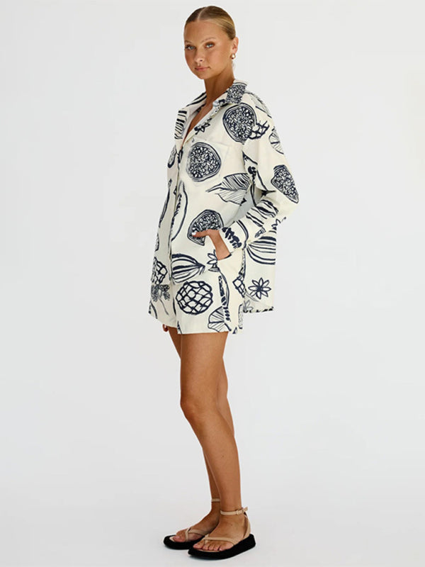 Women's New Casual Premium Fruit Print Shorts and shirt Set