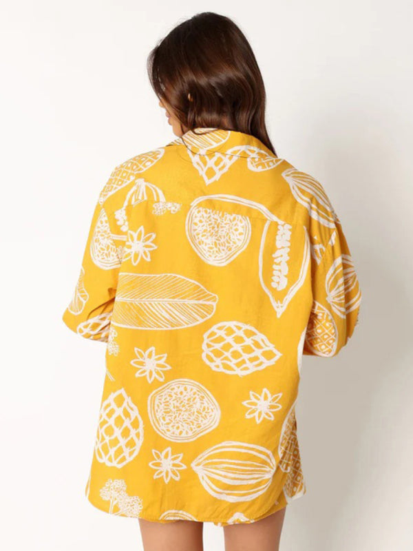 Women's New Casual Premium Fruit Print Shorts and shirt Set