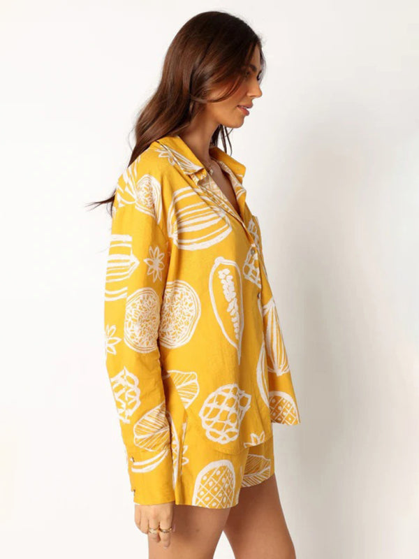 Women's New Casual Premium Fruit Print Shorts and shirt Set