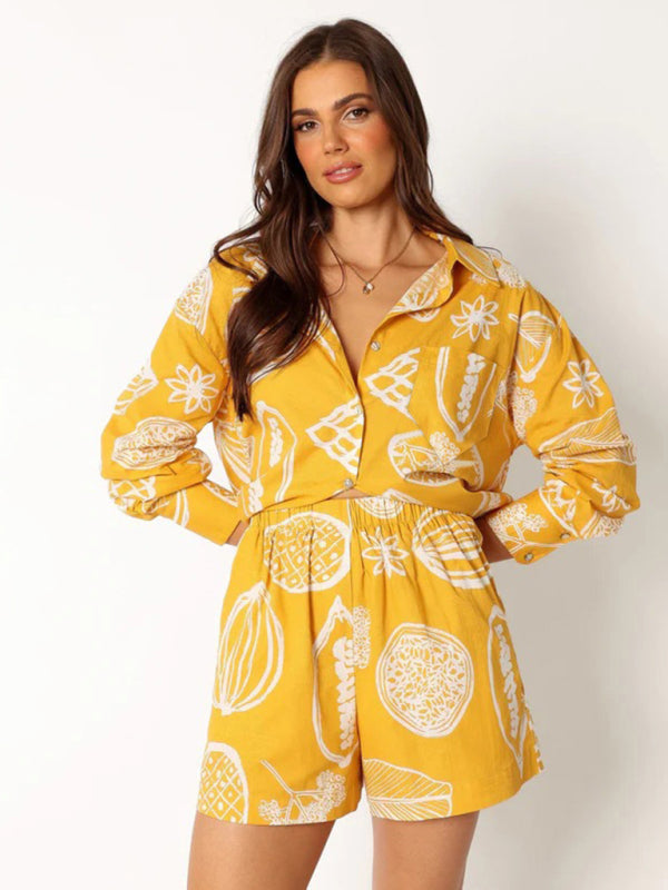 Women's New Casual Premium Fruit Print Shorts and shirt Set