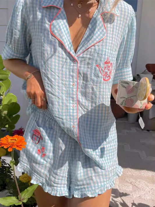 Simple Plaid Teapot Embroidery Pajama Set – Homewear Comfort & Charm