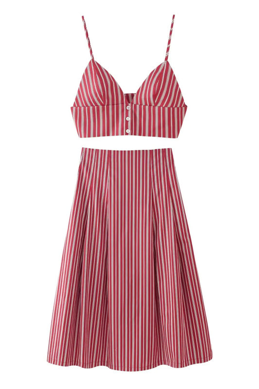 Fashion Striped Short Top + Striped Midi Skirt Set